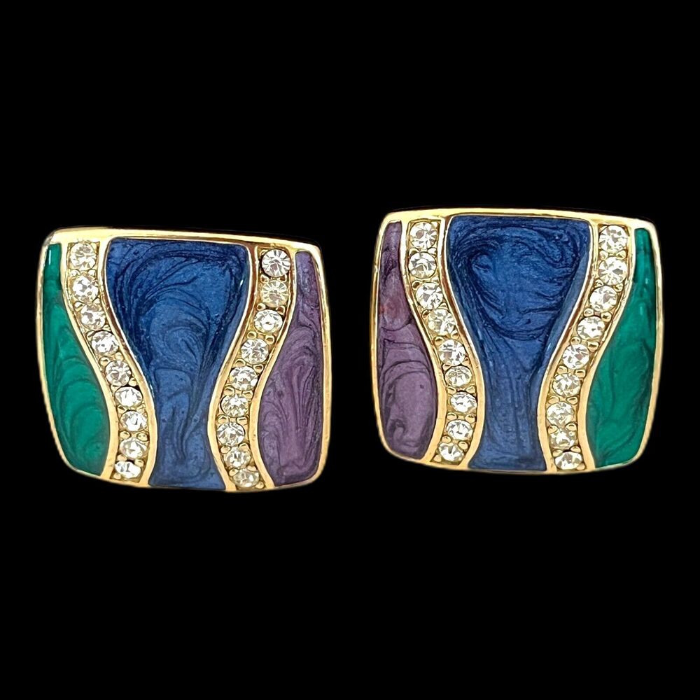 Vintage 1980s Trifari Clip Earrings Enamel Crystal Gold Tone - 4H